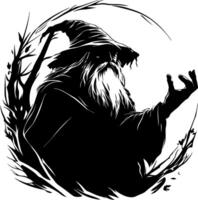 Mysterious Wizard with Long Beard and Hat Surrounded by Enchanting Nature Elements vector
