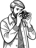 Young Man Holding Camera in Retro Style for Enthusiasts and Projects vector