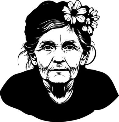 Elderly Woman Portrait with Flowers for Tattoo and Coloring Book Designs