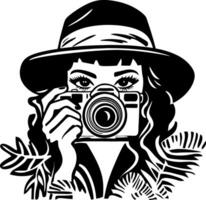 Vintage Style Woman grapher Capturing Memories with Camera Surrounded by Tropical Leaves vector
