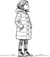 Charming Girl in Puffer Jacket with Hood Standing in Thoughtful Pose Illustration vector