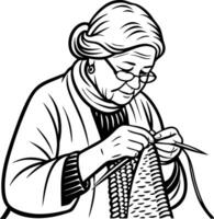 Elderly Woman Knitting Warm Sweater Handmade Craft Continuous Yarn Art for Home Decor vector