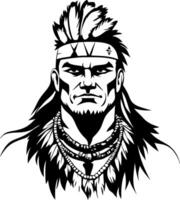 Native American Warrior Portrait with Feathers and Beaded Necklaces for Tattoo and Art Designs vector