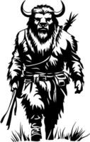 Fierce Warrior Yeti in Nature Holding Staff Ideal for Tattoo Design and Graphic Art Projects vector