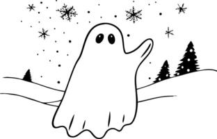 Friendly Ghost in Snowy Landscape with Christmas Trees and Snowflakes for Holiday Designs vector