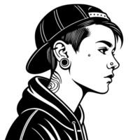 Stylish Profile Portrait of a Young Person in a Cap with Tattoos and Piercings vector