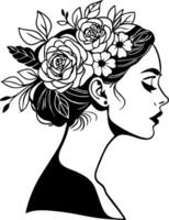 Elegant Woman Silhouette with Flower Crown in Profile View for Creative Design Projects vector