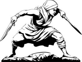 Powerful Warrior Stance with Twin Daggers in Dynamic Pose for Tattoo and Coloring Book Design vector