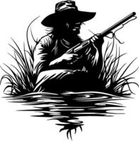 Hunter Silhouette with Rifle and Reflected Water in Grassy Marshland Background vector