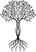 Intricate Black Tree Design with Twisted Roots and Leaves Perfect for Tattoo and Coloring Book vector