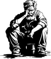 Pensive Man with Beard Sitting on Ground Deep in Thought Illustration vector