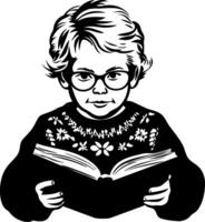 Child Reading Book with Glasses in Floral Sweater Illustrating Curiosity and Learning vector