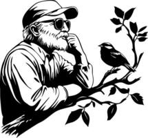 Pensive Man with Bird on a Branch Illustrating Reflection and Nature Connection vector