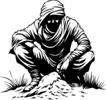 Silhouette of a Mysterious Figure Squatting in a Desert Landscape vector