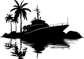 Luxury Yacht Silhouette Surrounded by Palm Trees and Water Reflection Perfect for Tropical Designs vector