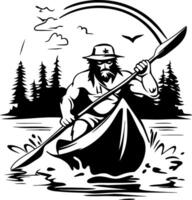 Strong Man Rowing Canoe in Nature Surrounded by Trees and Sky vector