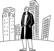 Stylish Man in Long Coat Standing Confidently in Urban Landscapeic City Skyline vector