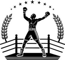 Boxing Champion Celebrating Victory in Ring with Laurels and Stars Symbolizing Triumph vector
