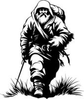 Adventurous Bearded Wanderer Trekking Through Wilderness with Staff in Nature vector