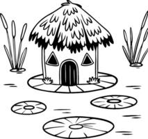 Charming Thatched Roof Cottage Surrounded by Lily Pads and Reeds for Coloring and Design vector