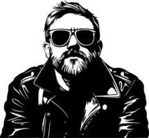 Stylish Man with Beard and Sunglasses in Leather Jacket for Tattoos and Artwork vector
