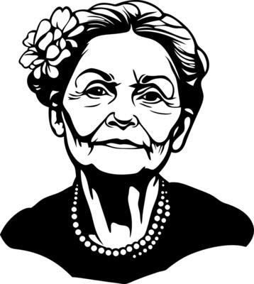 Elegant Portrait of an Aged Woman with Floral Accents Suitable for Tattoo and Coloring Designs