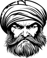 Detailed Black and White Portrait of a Strong Bearded Man in Turban with Intense Expression vector