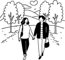 Couple Walking in Nature Hand in Hand Romantic Scene with Trees and Heart Symbol vector