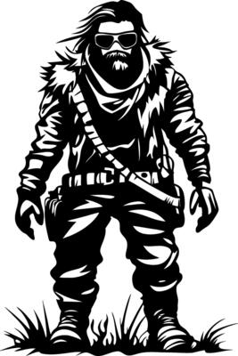 Stylized Survivor Character in Winter Gear with Sunglasses and Beard for Graphic Design Projects