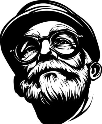 Detailed Black and White Illustration of an Older Man with Glasses and Beard