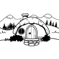 Charming Cartoon Cottage Surrounded by Mountains and Trees for Whimsical Designs vector