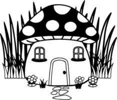 Whimsical Mushroom House Surrounded by Grass and Flowers Ideal for Coloring Book Design vector