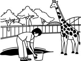 Young Child Feeding Giraffe in Zoo Surrounded by Trees and Bridge Ideal for Educational Use vector