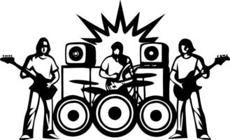 Dynamic Rock Band Performance with Drummer and Guitarists Surrounded by Amplifiers vector