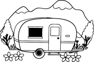 Vintage Caravan Surrounded by Nature Mountains and Flowers Ideal for Coloring and Tattoo Design vector