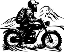 Adventurous Mountain Biker Riding Through Scenic Landscape with Majestic Peaks vector