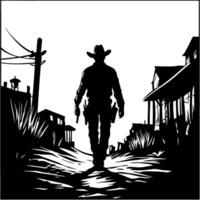Cowboy Silhouette Walking Down Abandoned Desert Road with Buildings and Cacti vector