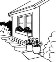 Charming House with Flower Pots and Pathway in a Tranquil Garden Scene vector