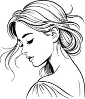Elegant Line Art Portrait of a Woman with Long Hair in Profile for Tattoo or Coloring Design vector