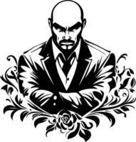 Imposing Bald Man in Suit Surrounded by Floral Motifs Perfect for Tattoo and Art Design vector