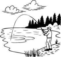 Fisherman Casting Rod by Lake with Pine Forest and Clouds for Outdoor Adventure Themes vector