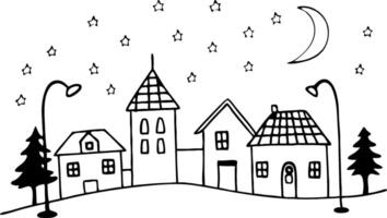 Charming Hand-Drawn Nighttime Village Scene with Stars and Moon for Coloring and Design Projects vector