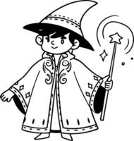 Charming Young Wizard Character in Elegant Robe and Magical Wand for Coloring Books and Crafts vector