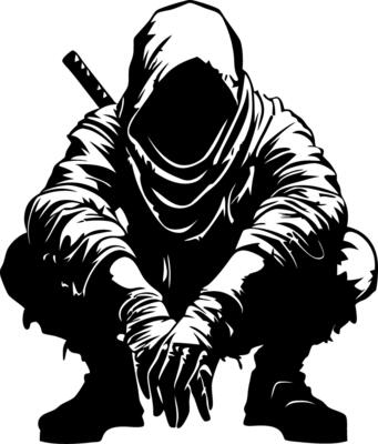 Stealthy Ninja Silhouette in Action Pose Perfect for Tattoo and Graphic Design