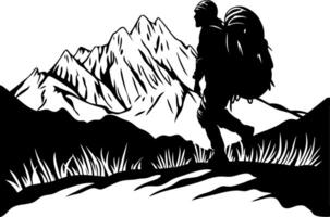 Adventurous Hiker Climbing Rugged Mountain Landscape with Backpack in Black Silhouette vector