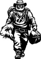 Adventure Hunter Carrying Bear Head and Backpack in Wilderness Landscape vector