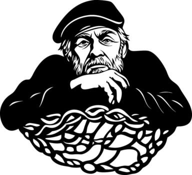 retrato de un pensativo antiguo pescador descansando en un pescar red con un sombrío expresión vector