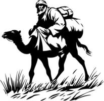 Nomadic Traveler Riding Camel in Desert Landscape Silhouette for Adventure Graphics vector