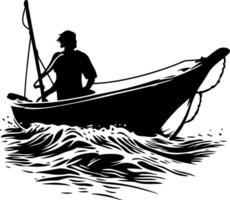 Silhouette of a Fisherman in a Rowboat Against Choppy Waters Ideal for Tattoo Design and Art vector