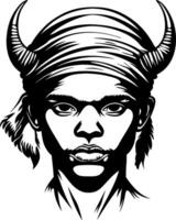 Bold Warrior Portrait with Horns and Headwrap for Tattoo Design and Illustration Projects vector